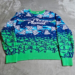 Disney Pixar Toy Story Pizza Planet M Knit Crew Sweater Blue Green